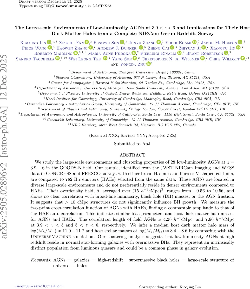 The Large-scale Environments of Low-luminosity AGNs at $3.9 < z < 6$ and Implications for Their Host Dark Matter Halos from a Complete NIRCam Grism Redshift Survey