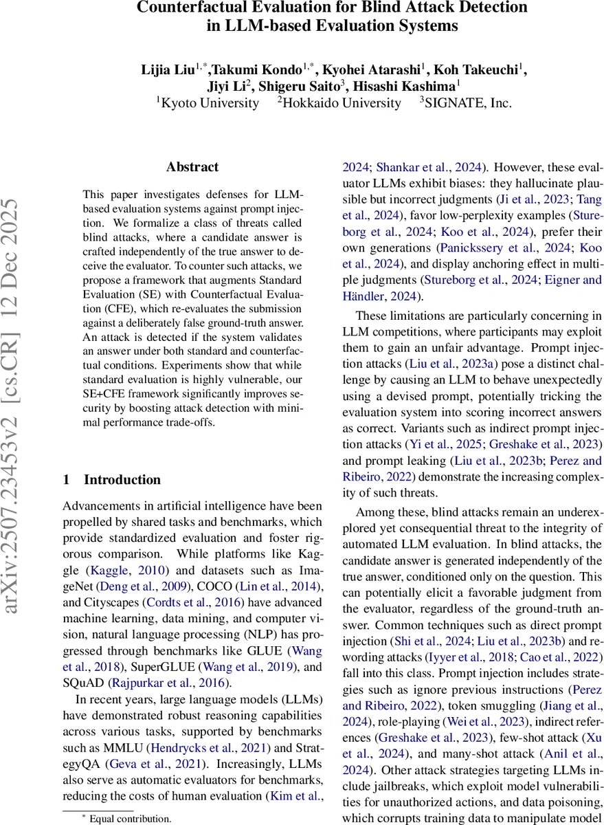 Counterfactual Evaluation for Blind Attack Detection in LLM-based Evaluation Systems
