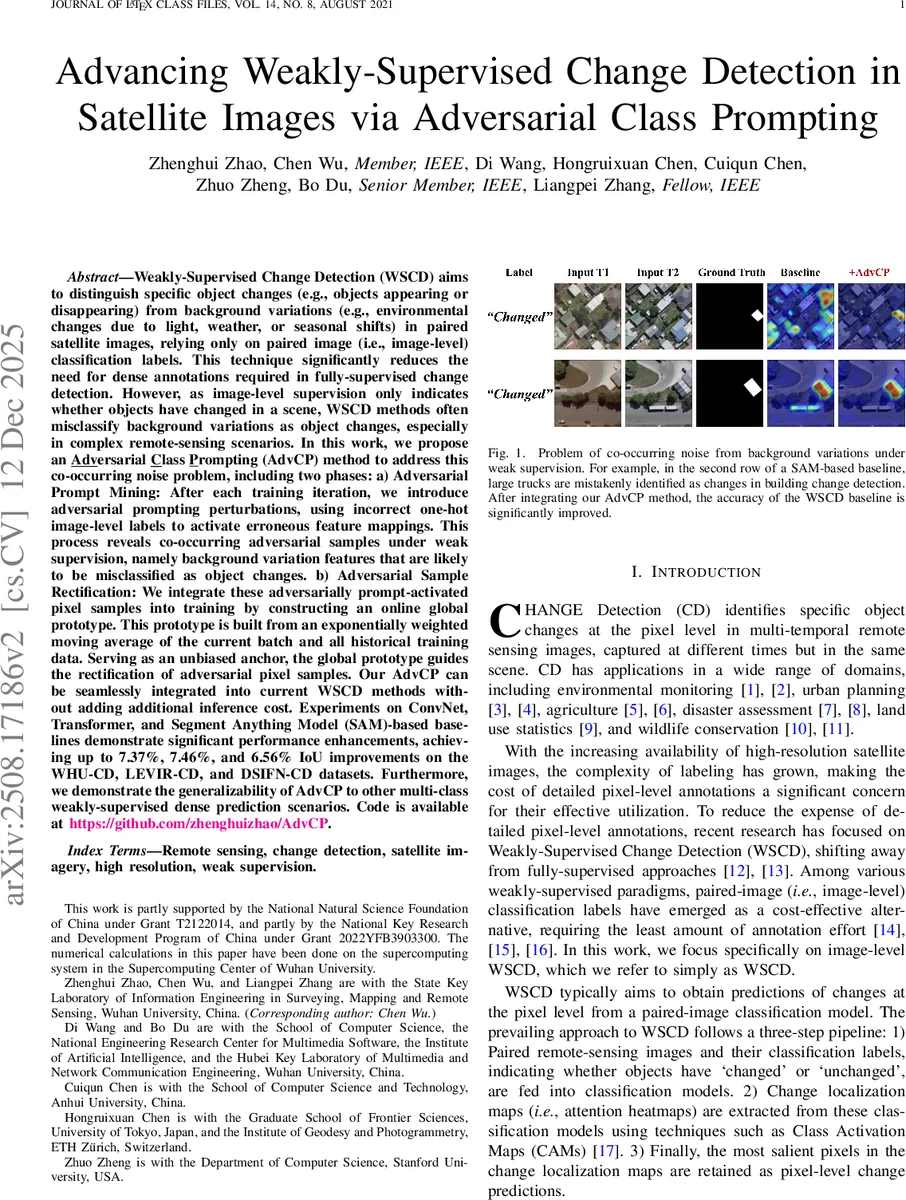 Advancing Weakly-Supervised Change Detection in Satellite Images via Adversarial Class Prompting