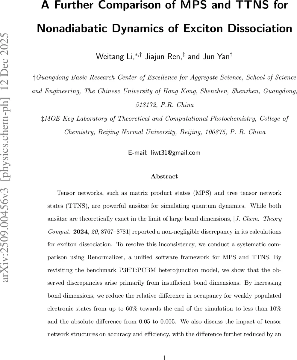 A Further Comparison of MPS and TTNS for Nonadiabatic Dynamics of Exciton Dissociation