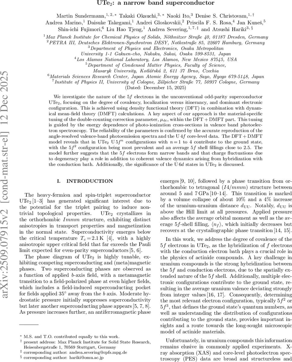 UTe$_2$: a narrow band superconductor