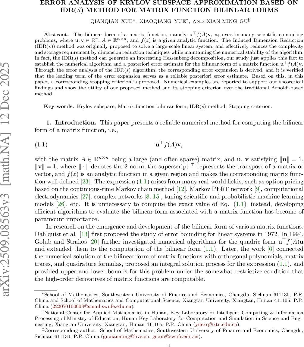 Error Analysis of Krylov Subspace approximation Based on IDR($s$) Method for Matrix Function Bilinear Forms