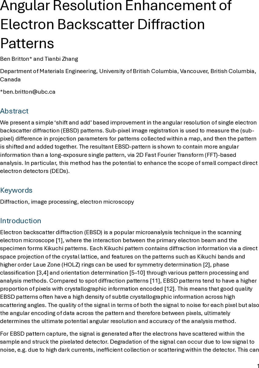 Angular Resolution Enhancement of Electron Backscatter Diffraction Patterns