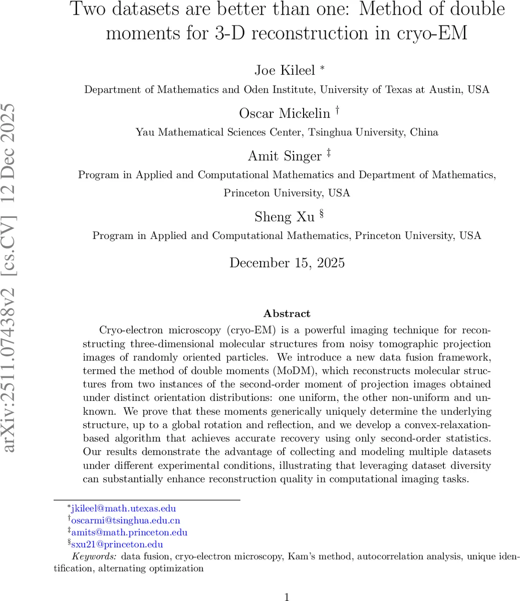 Two Datasets Are Better Than One: Method of Double Moments for 3-D Reconstruction in Cryo-EM