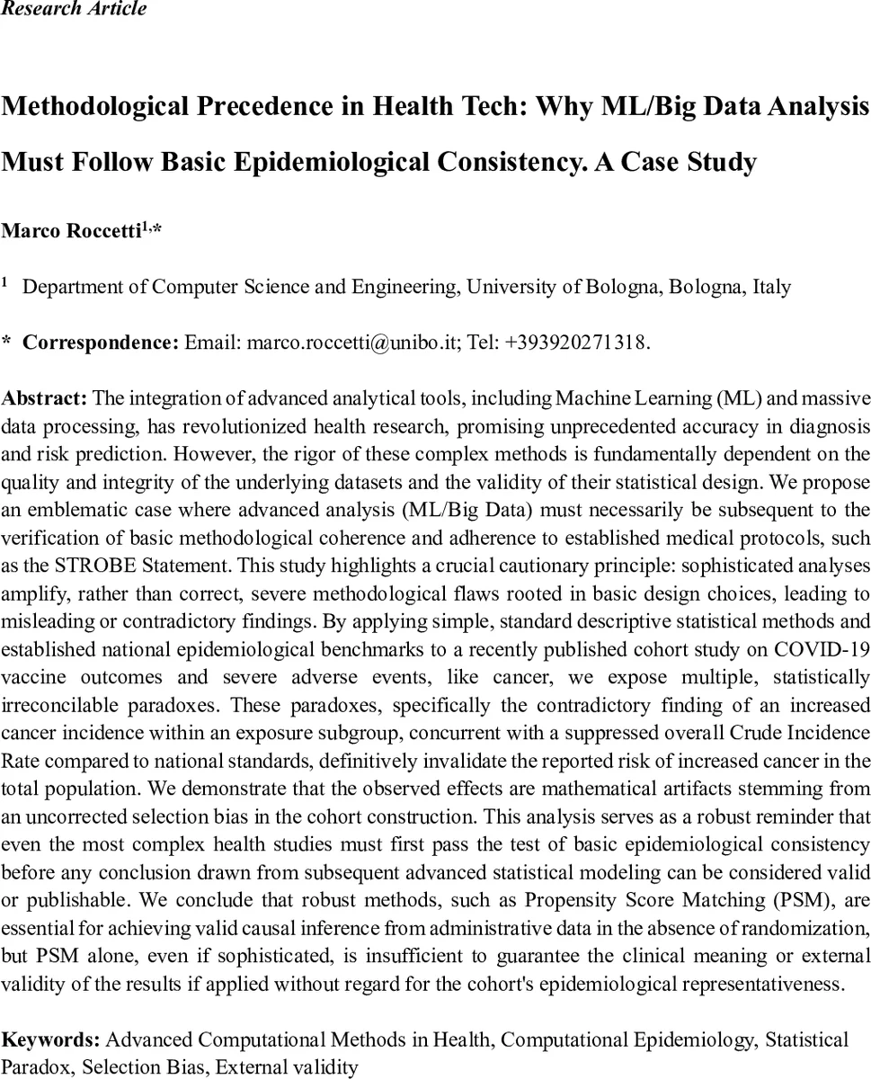 Methodological Precedence in Health Tech: Why ML/Big Data Analysis Must Follow Basic Epidemiological Consistency. A Case Study