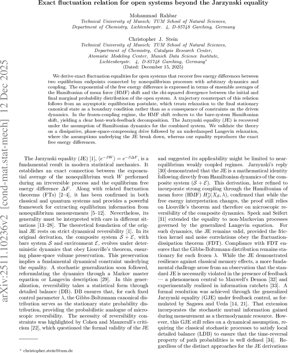 Exact fluctuation relation for open systems beyond the Jarzynski equality