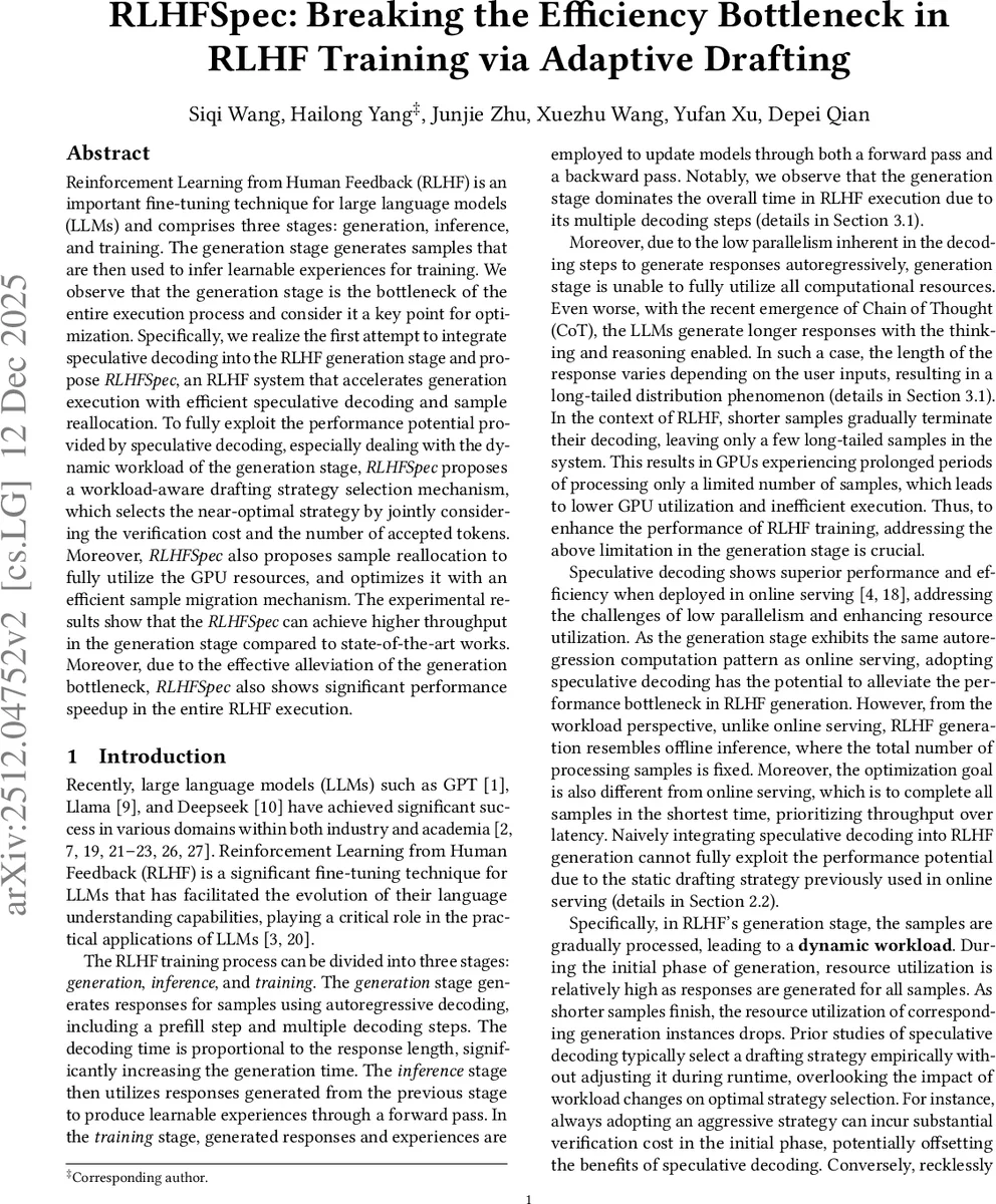 RLHFSpec: Breaking the Efficiency Bottleneck in RLHF Training via Adaptive Drafting