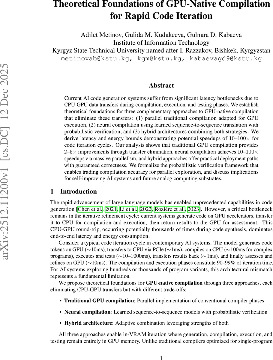 Theoretical Foundations of GPU-Native Compilation for Rapid Code Iteration