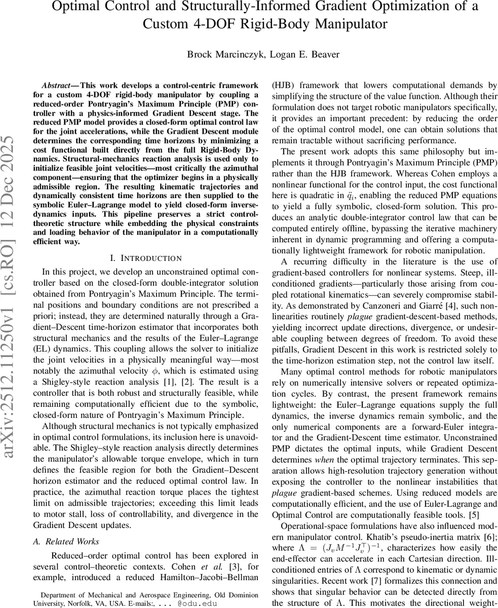 Optimal Control and Structurally-Informed Gradient Optimization of a Custom 4-DOF Rigid-Body Manipulator