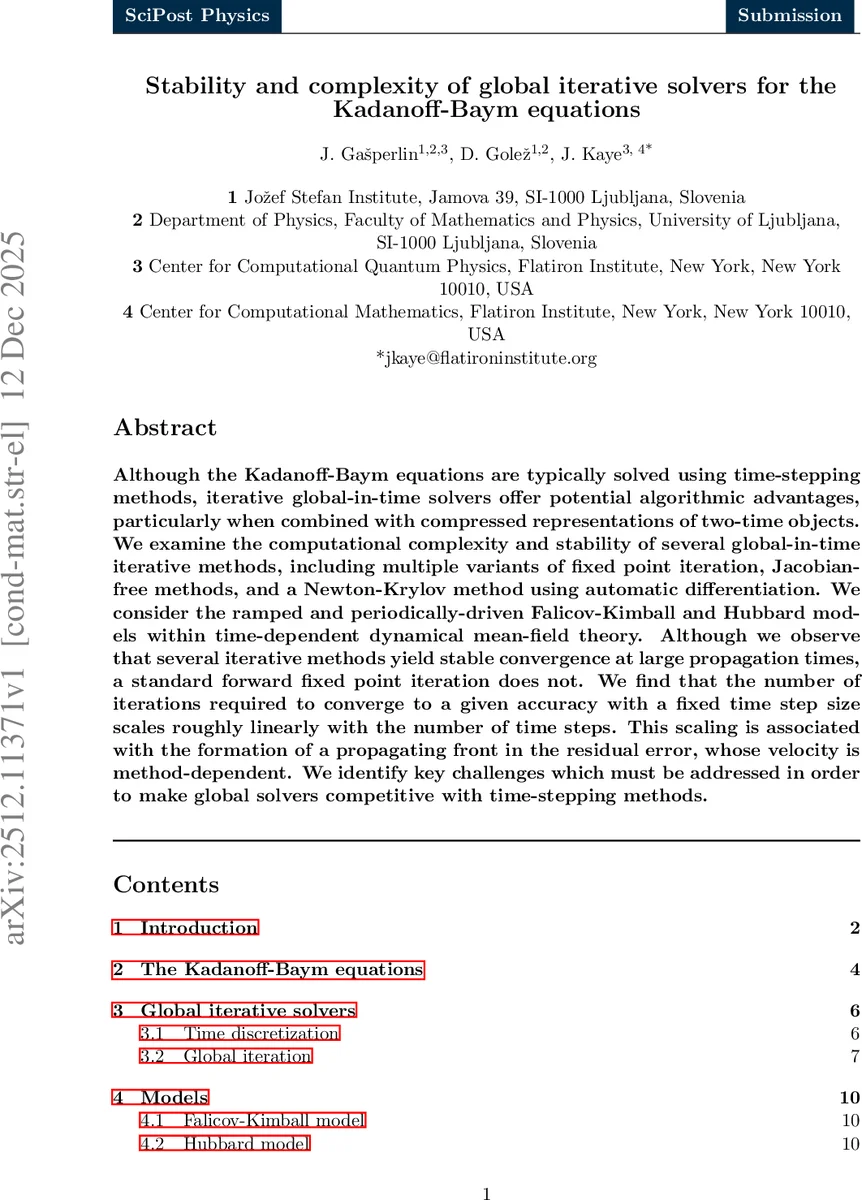 Stability and complexity of global iterative solvers for the Kadanoff-Baym equations