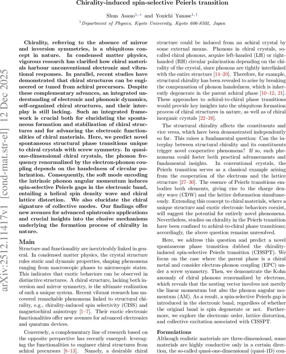 Chirality-induced spin-selective Peierls transition