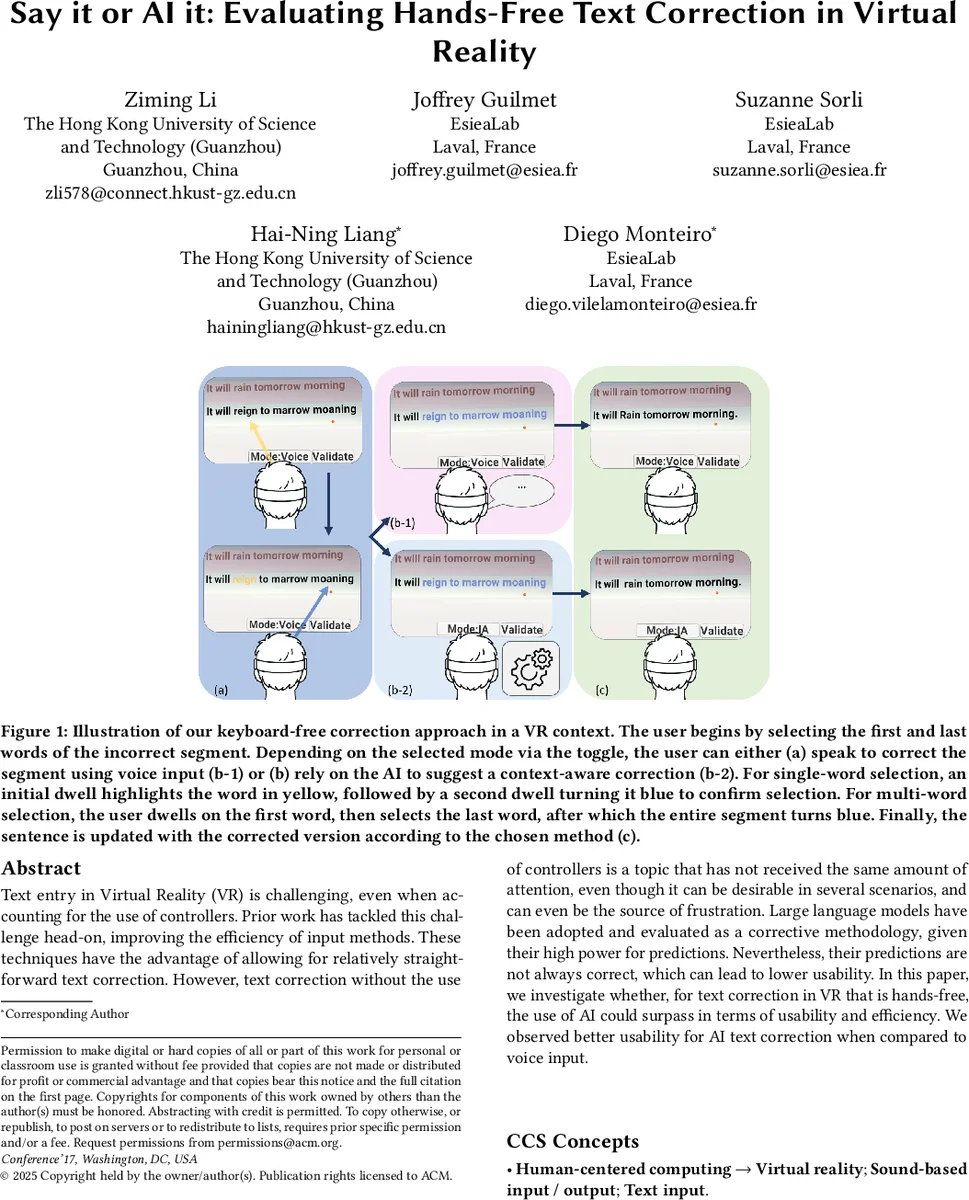 Say it or AI it: Evaluating Hands-Free Text Correction in Virtual Reality