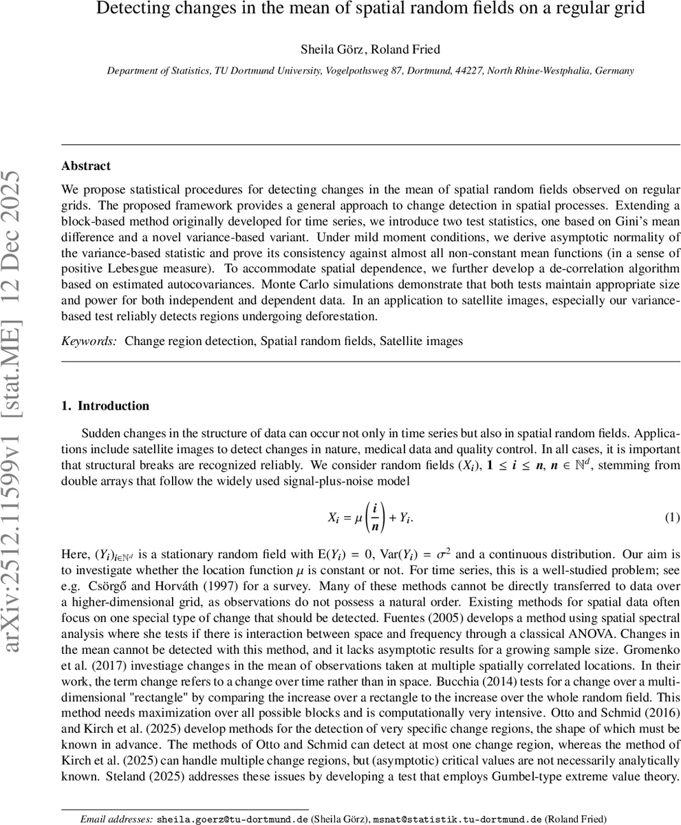 Detecting changes in the mean of spatial random fields on a regular grid