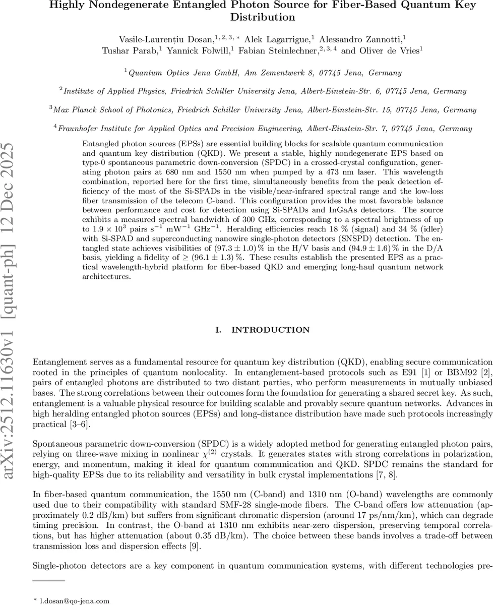 Highly Nondegenerate Entangled Photon Source for Fiber-Based Quantum Key Distribution