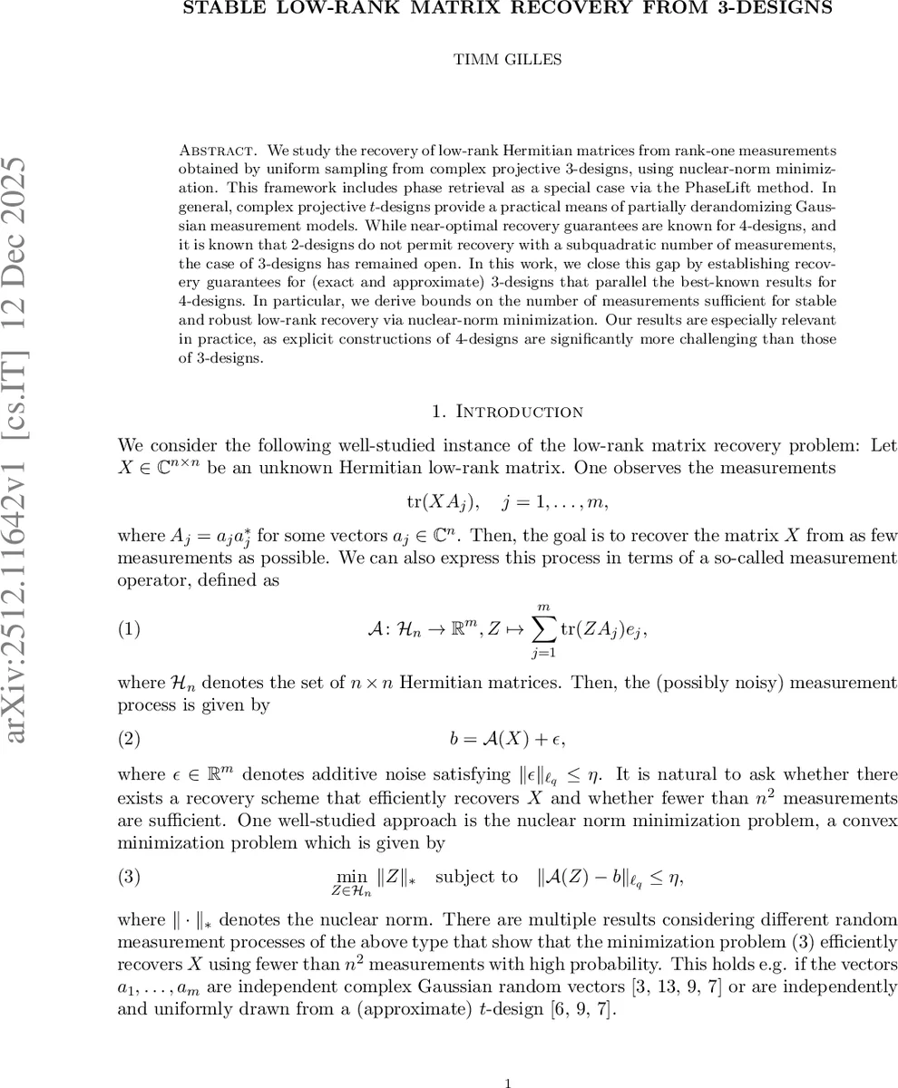 Stable low-rank matrix recovery from 3-designs