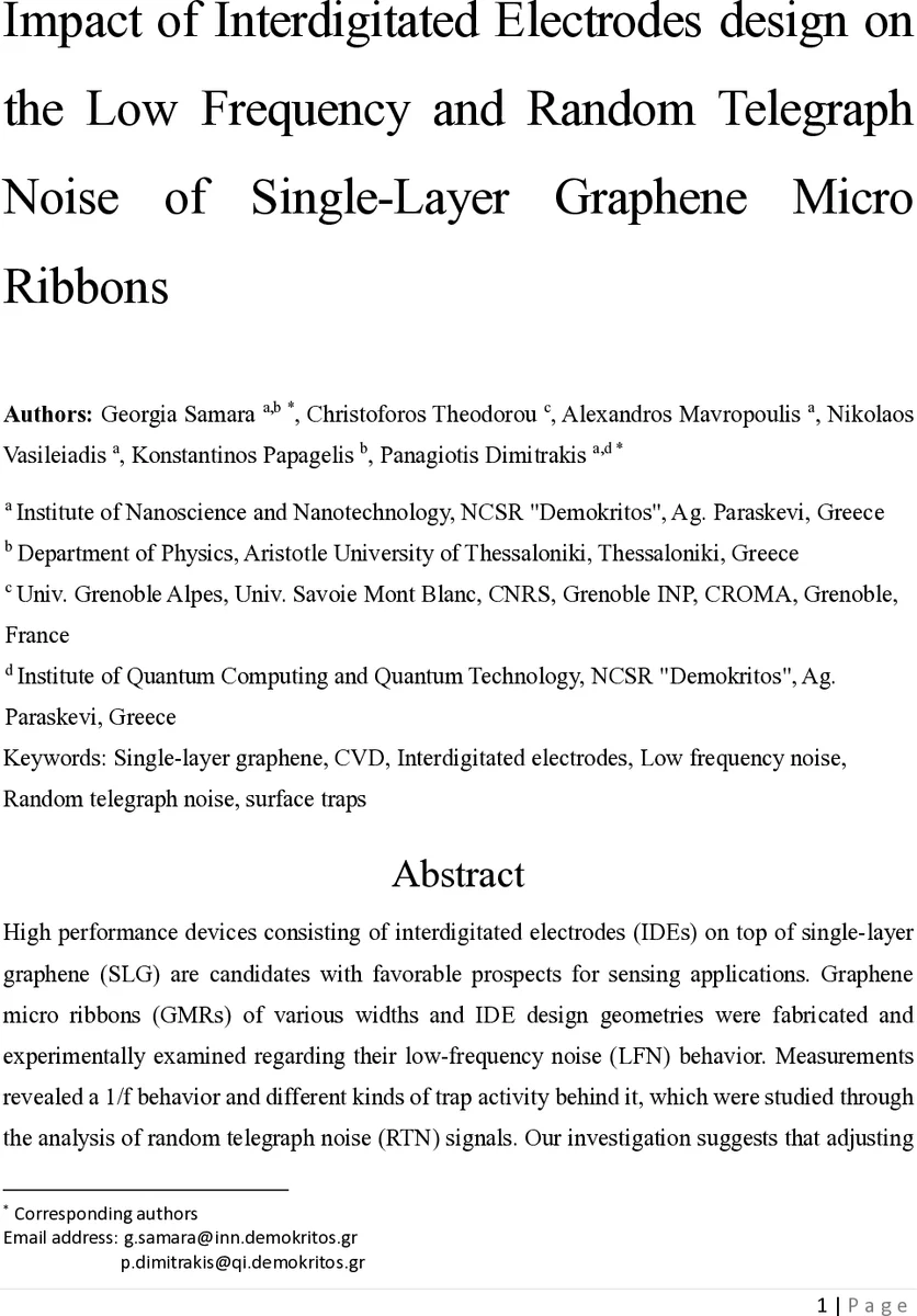 Impact of interdigitated electrodes design on the low frequency and random telegraph noise of single-layer graphene micro ribbons