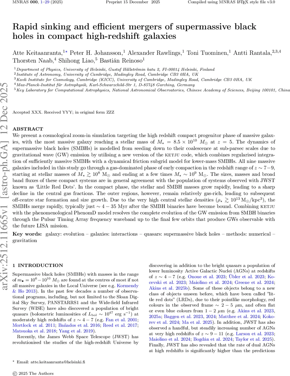 Rapid sinking and efficient mergers of supermassive black holes in compact high-redshift galaxies
