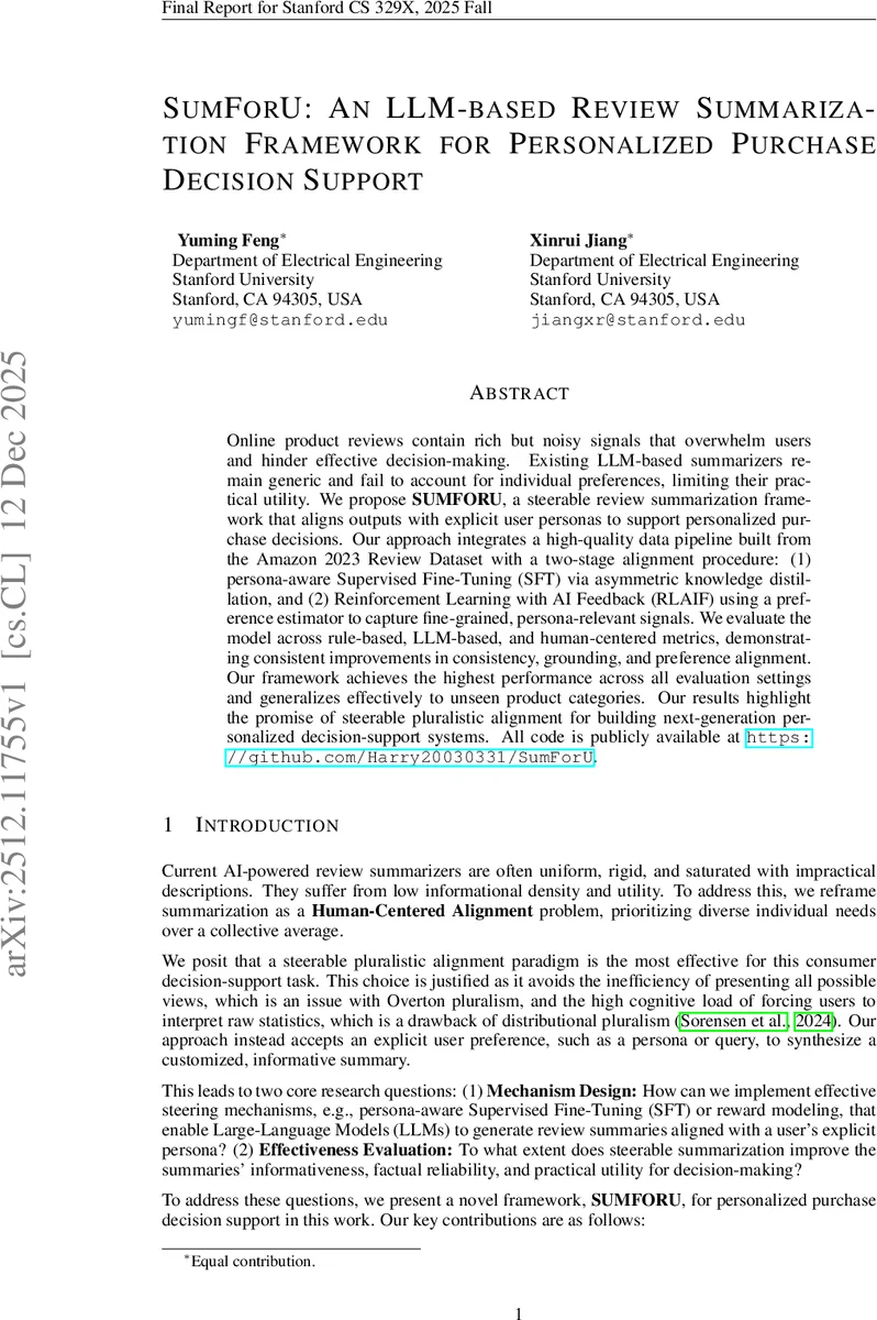 SUMFORU: An LLM-Based Review Summarization Framework for Personalized Purchase Decision Support