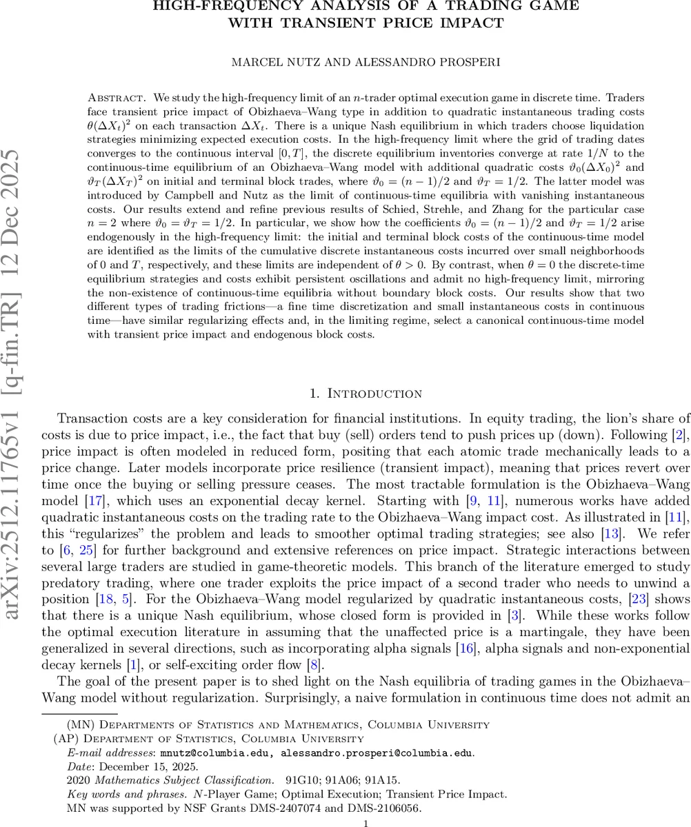 High-Frequency Analysis of a Trading Game with Transient Price Impact