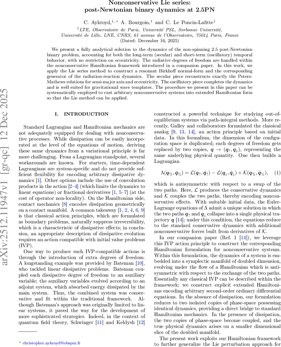 Nonconservative Lie series: post-Newtonian binary dynamics at 2.5PN