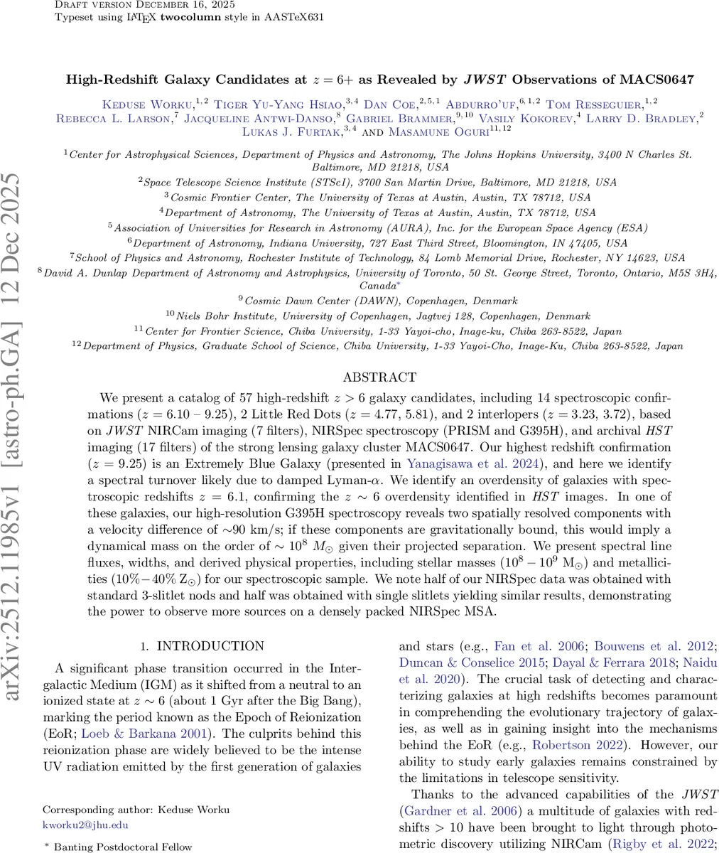 High-Redshift Galaxy Candidates at z > 6 as Revealed by JWST Observations of MACS0647