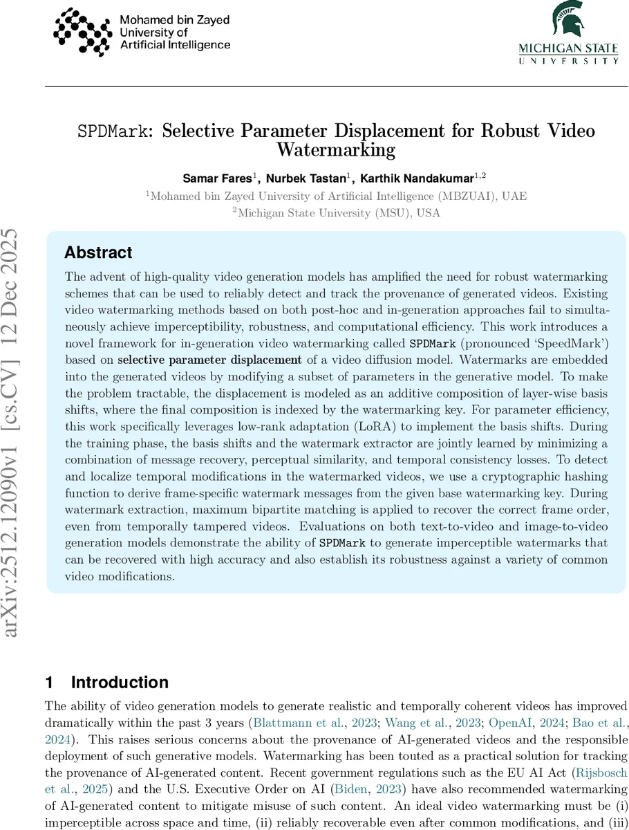 SPDMark: Selective Parameter Displacement for Robust Video Watermarking