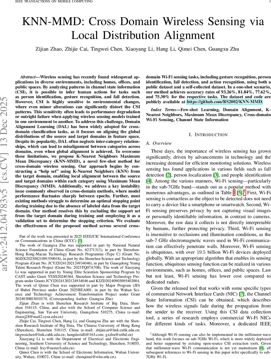 KNN-MMD: Cross Domain Wireless Sensing via Local Distribution Alignment