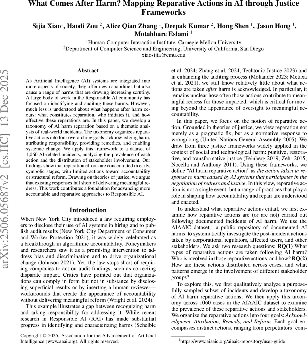 What Comes After Harm? Mapping Reparative Actions in AI through Justice Frameworks