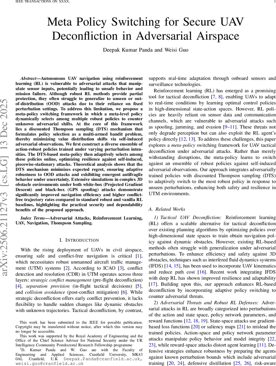 Meta Policy Switching for Secure UAV Deconfliction in Adversarial Airspace