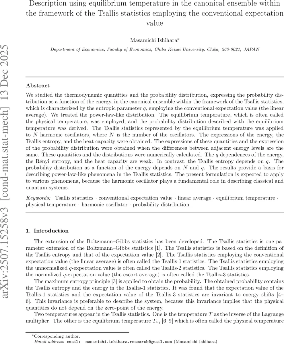 Description using equilibrium temperature in the canonical ensemble within the framework of the Tsallis statistics employing the conventional expectation value