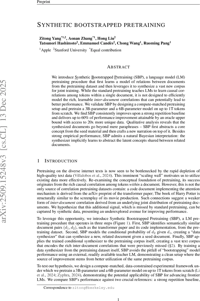 Synthetic bootstrapped pretraining