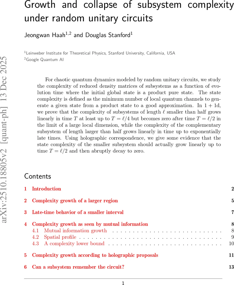 Growth and collapse of subsystem complexity under random unitary circuits