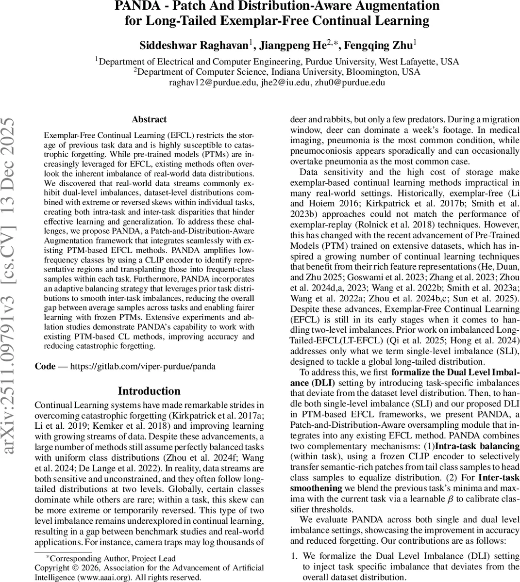 PANDA -- Patch And Distribution-Aware Augmentation for Long-Tailed Exemplar-Free Continual Learning