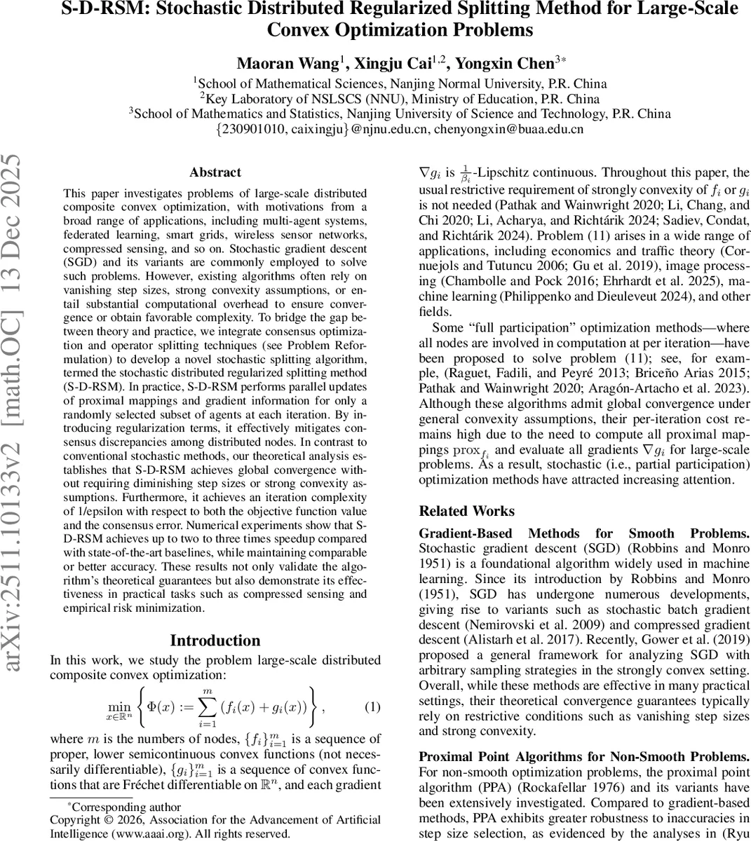 S-D-RSM: Stochastic Distributed Regularized Splitting Method for Large-Scale Convex Optimization Problems
