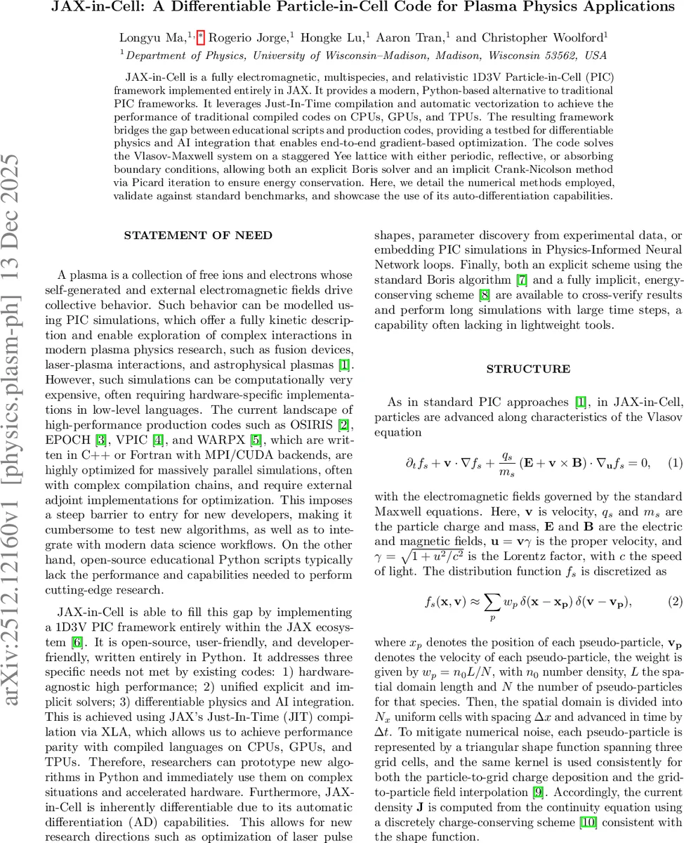 JAX-in-Cell: A Differentiable Particle-in-Cell Code for Plasma Physics Applications