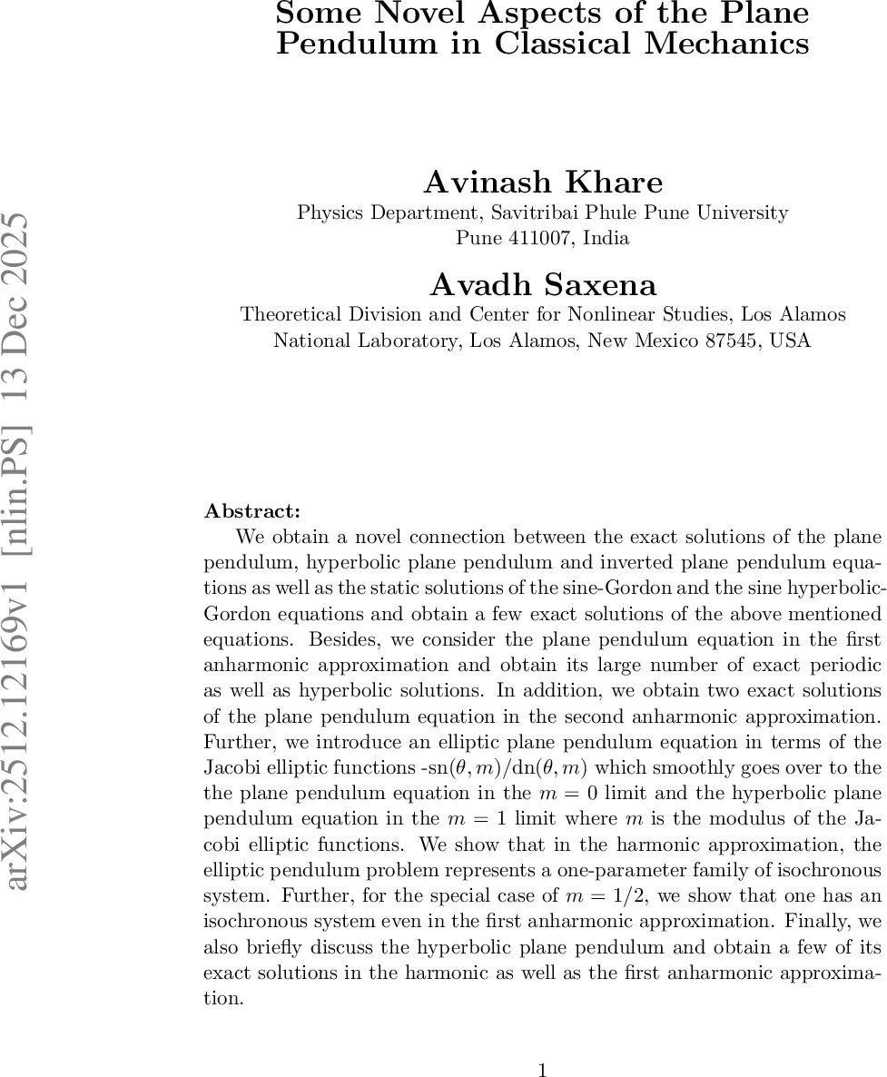 Some Novel Aspects of the Plane Pendulum in Classical Mechanics