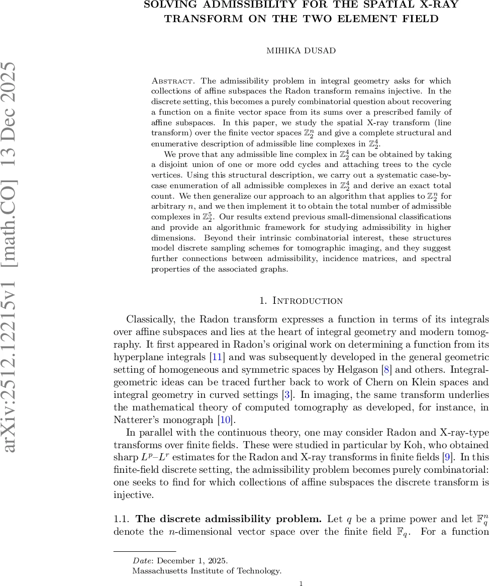 Solving Admissibility for the Spatial X-Ray Transform On the Two Element Field