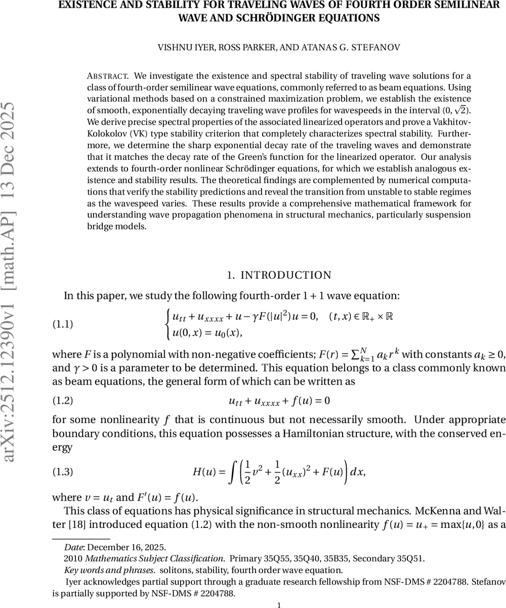 Existence and stability for traveling waves of fourth order semilinear wave and Schrodinger equations