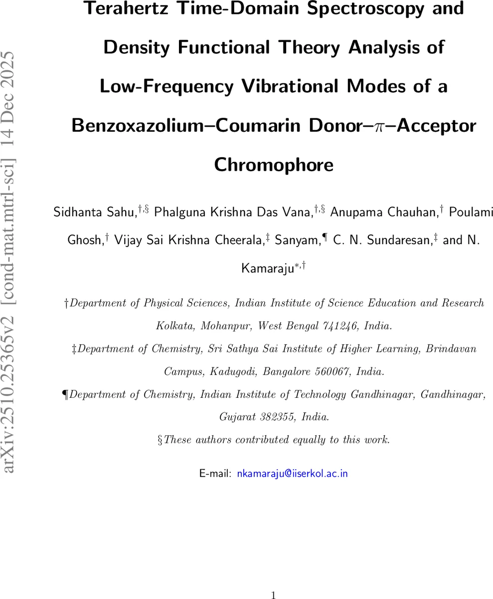 Terahertz Time-Domain Spectroscopy and Density Functional Theory Analysis of Low-Frequency Vibrational Modes of a Benzoxazolium-Coumarin Donor-pi-Acceptor Chromophore