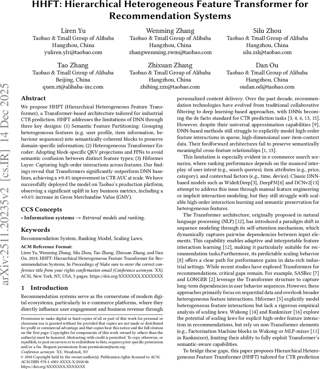 HHFT: Hierarchical Heterogeneous Feature Transformer for Recommendation Systems