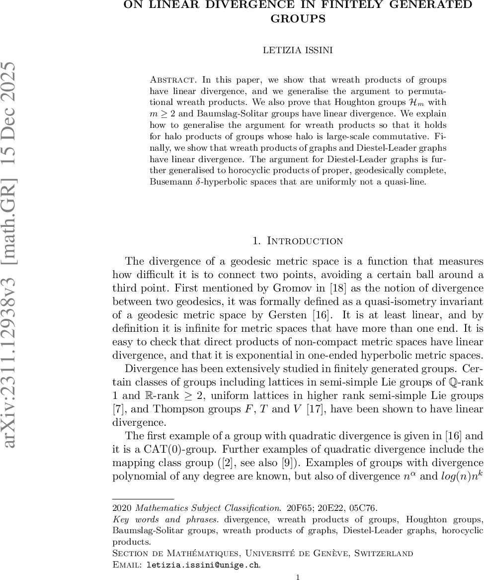 On linear divergence in finitely generated groups
