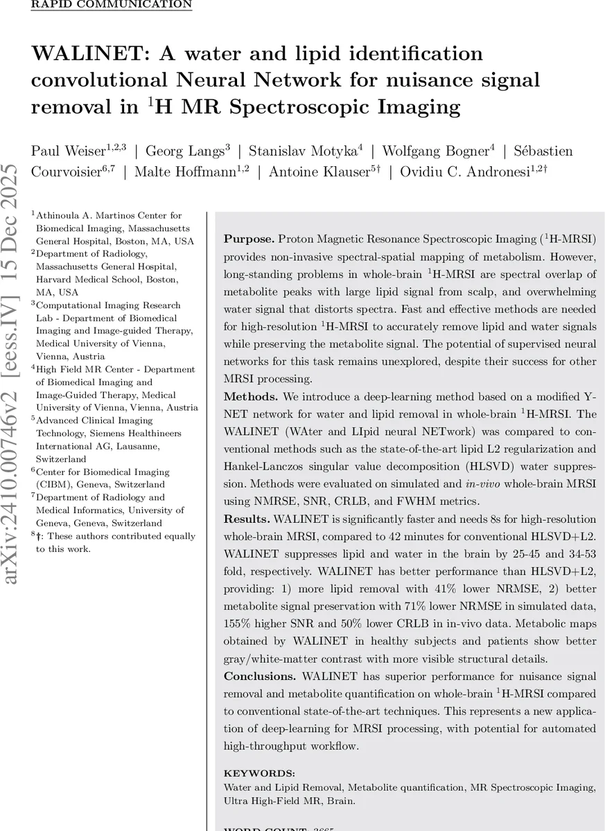 WALINET: A water and lipid identification convolutional Neural Network for nuisance signal removal in 1H MR Spectroscopic Imaging