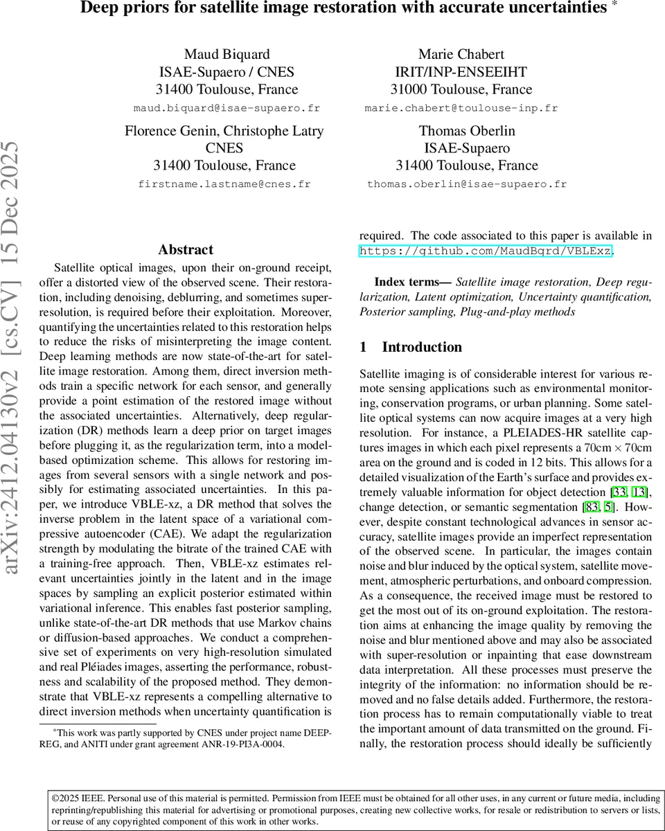 Deep priors for satellite image restoration with accurate uncertainties