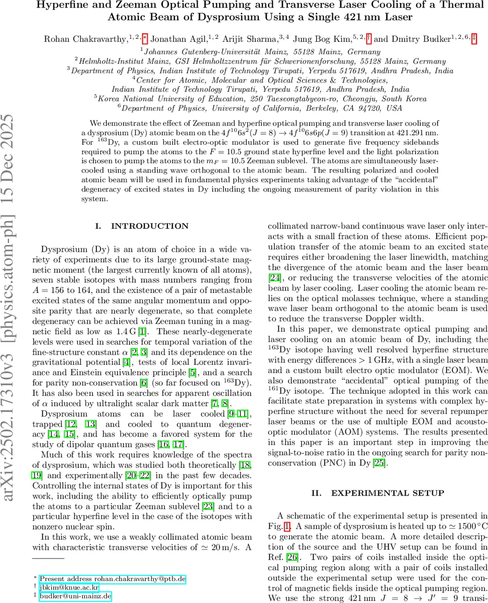 Hyperfine and Zeeman Optical Pumping and Transverse Laser Cooling of a Thermal Atomic Beam of Dysprosium Using a Single 421 nm Laser