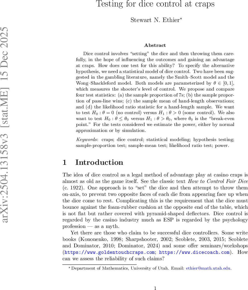 Testing for dice control at craps