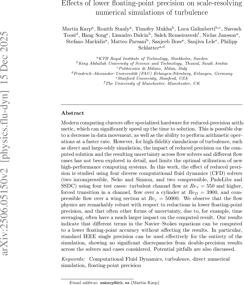 Effects of lower floating-point precision on scale-resolving numerical simulations of turbulence
