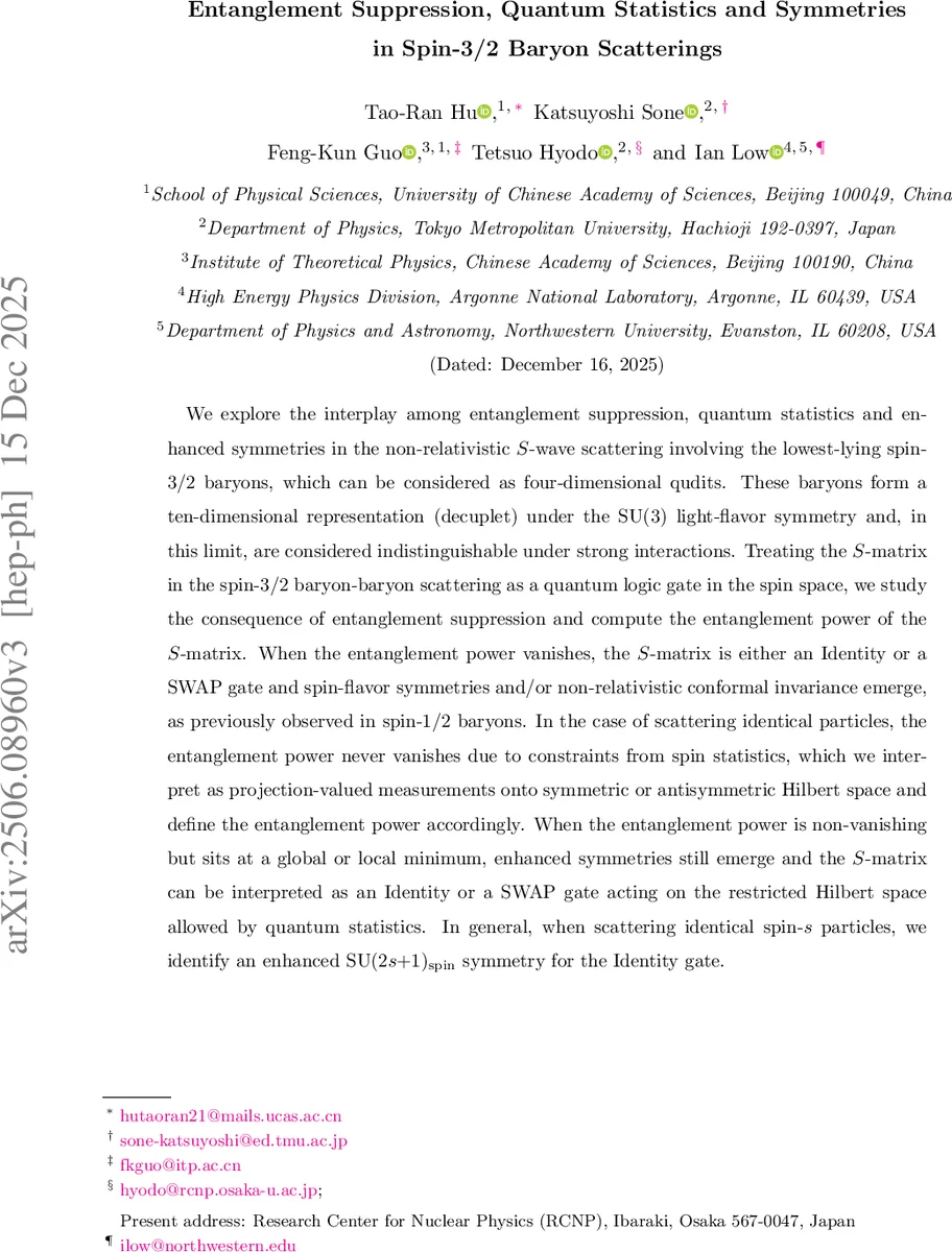 Entanglement Suppression, Quantum Statistics and Symmetries in Spin-3/2 Baryon Scatterings