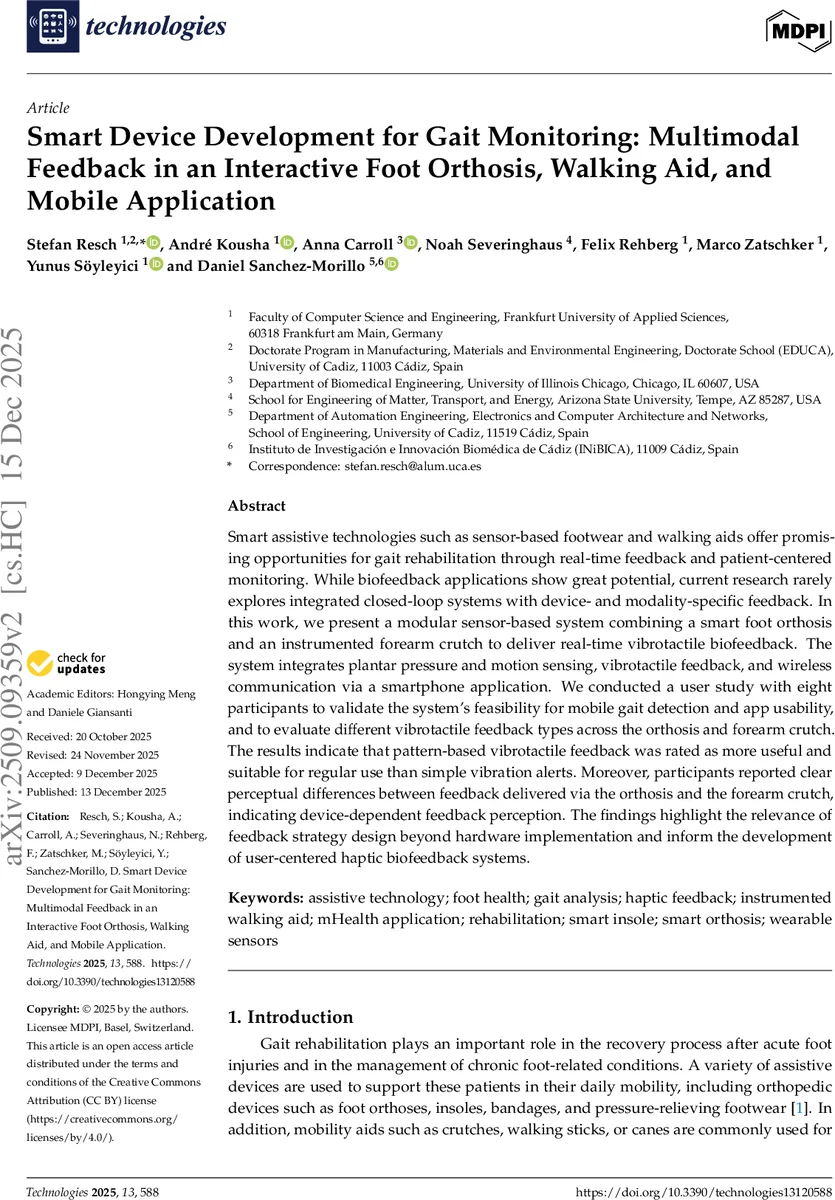 Smart Device Development for Gait Monitoring: Multimodal Feedback in an Interactive Foot Orthosis, Walking Aid, and Mobile Application