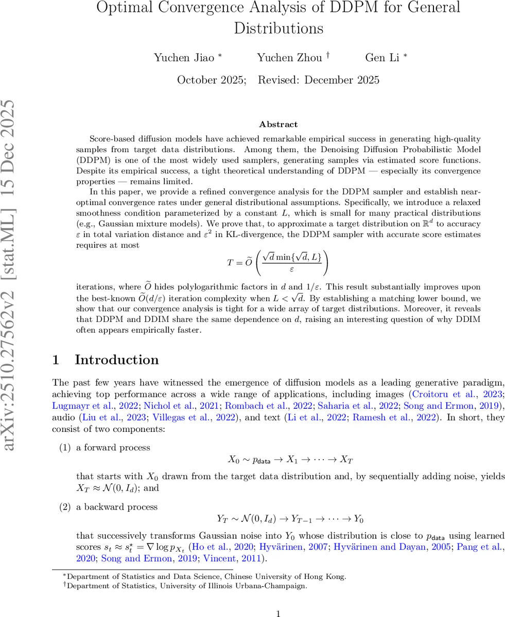 Optimal Convergence Analysis of DDPM for General Distributions