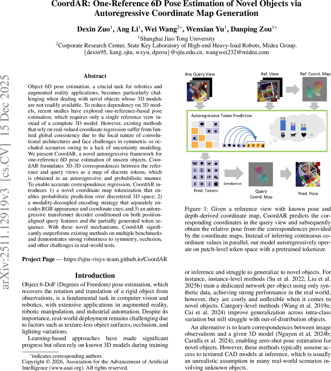 CoordAR: One-Reference 6D Pose Estimation of Novel Objects via Autoregressive Coordinate Map Generation